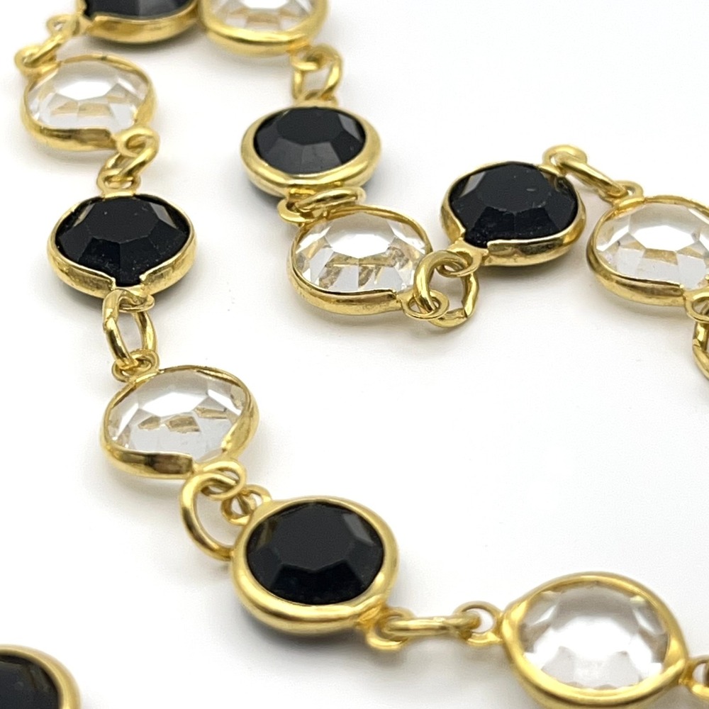 Vintage Open Bezel Necklace Gold Tone Black Clear Austrian Crystal 34 inch